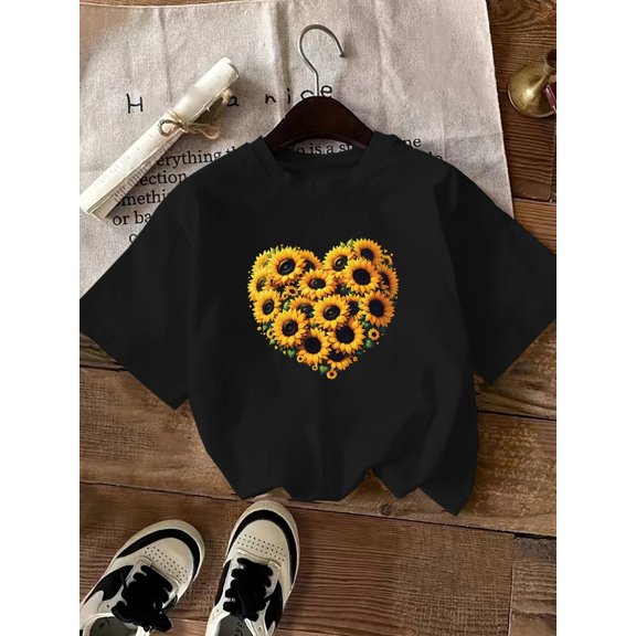 BESTLUCKY Women's Casual Round - Neck Short - Sleeve T - Shirt with Exquisite Sunflower Graphics for a Sophisticated and Fashionable Style