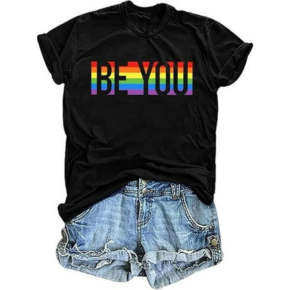 BESTLUCKY Women's Casual Short Sleeve Rainbow Pride Shirt - Graphic Tees Style with Letter Print