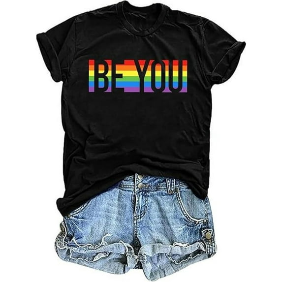 BESTLUCKY Women's Casual Short Sleeve Rainbow Pride Shirt - Graphic Tees Style with Letter Print
