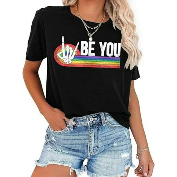 BESTLUCKY Women's Pride Rainbow Shirt: Casual Short Sleeve Tops with Letter Print and Graphic Tees Design