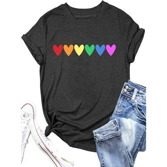 BESTLUCKY Women's Pride Shirts: LGBT Gay Pride - Rainbow Heart Graphic Tee, Casual Short Sleeve Tops