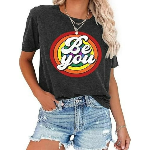 BESTLUCKY Women's Rainbow Pride Shirts: Short Sleeve Graphic Tees featuring Letter Print