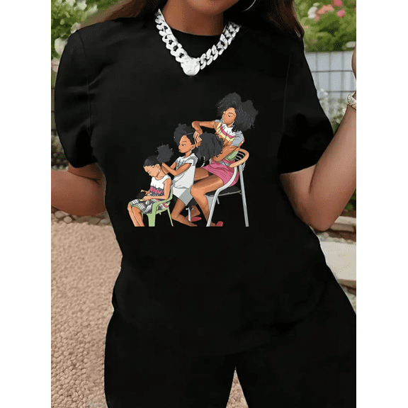 BESTLUCKY Women's T-shirt with mother and daughter hair combed portrait, casual crew neck short sleeve top, summer/spring fashion, regular length knitted fabric applique details, Mother's Day gift