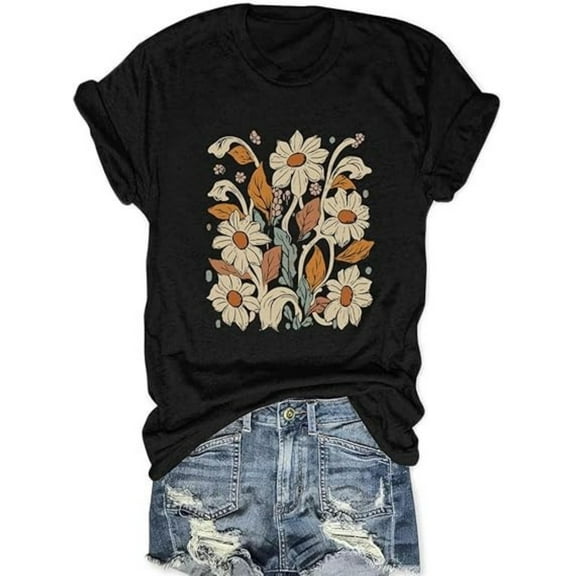 BESTLUCKY Women's Trendy Loose Summer Tees: Vintage Sunflower Graphics for a Sophisticated Look
