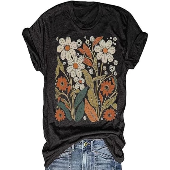 BESTLUCKY Women's Vintage Flowers Shirt Casual Boho Floral Printed T-Shirt Sunflower Wildflowers Graphic Tees Tops for Girl