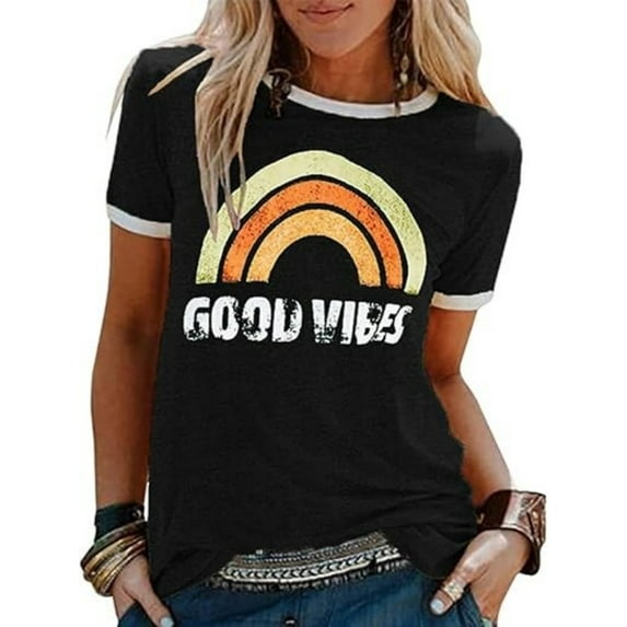 BESTLUCKY Womens Rainbow Graphic T-Shirts Summer Short Sleeve Crew Neck Blouse Vintage Graphic Tee Tops