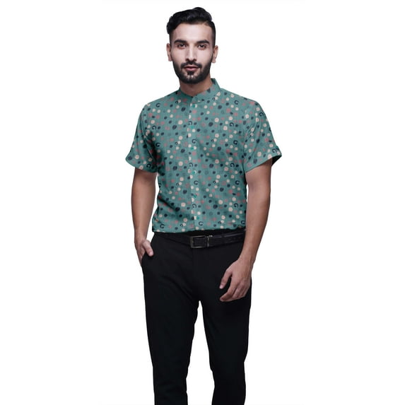 BESTMAN Cotton Shirt For Men Short Sleeve Printed Mandarin Collar Casual Shirt
