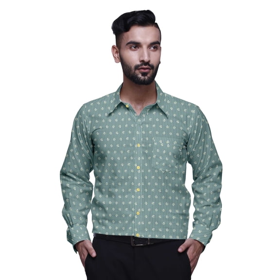 BESTMAN Printed Cotton Shirt With Pockets Spread Collar Button Down Formal Shirt
