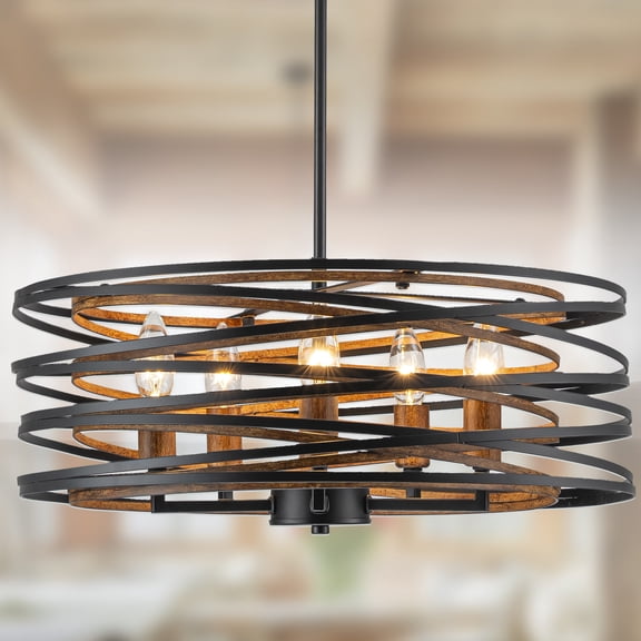 BESTOMINE Chandeliers,20 Inch Dining Room Light Fixture,Matte Black Dining Room Chandelier with Wood-Like Interior,5-Light Farmhouse Chandelier for Kitchen Island,Living Room,Foyer,Stairway