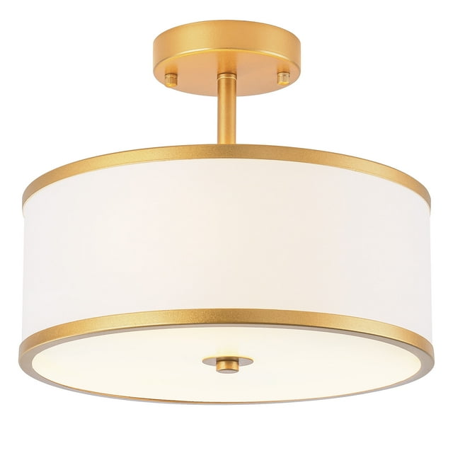 BESTOMINE Semi Flush Mount Ceiling Light,12.5 Inch Drum Ceiling Light,Antique Brass Finish Flush Mount Light Fixture with Fabric Shade,Modern Close to Ceiling Light Fixtures for Bedroom,Living Room
