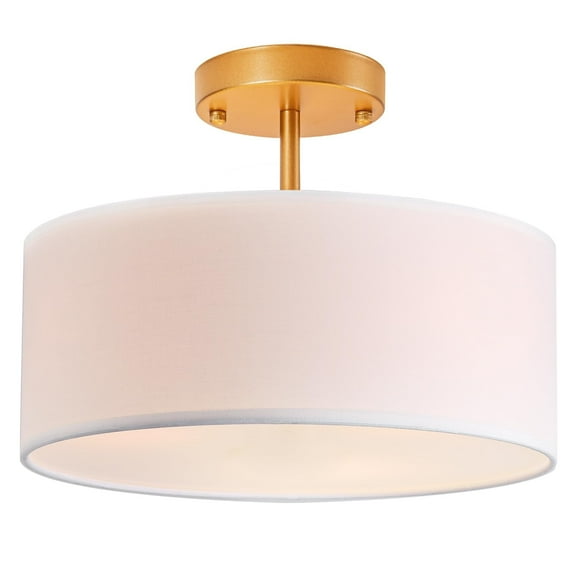 BESTOMINE Semi Flush Mount Ceiling Light,13 inch Drum Ceiling Light Fixture,Gold Light Fixtures Ceiling Mount with White Fabric Shade, 3-Light Modern Ceiling Light for Bedroom,Living Room and Kitchen