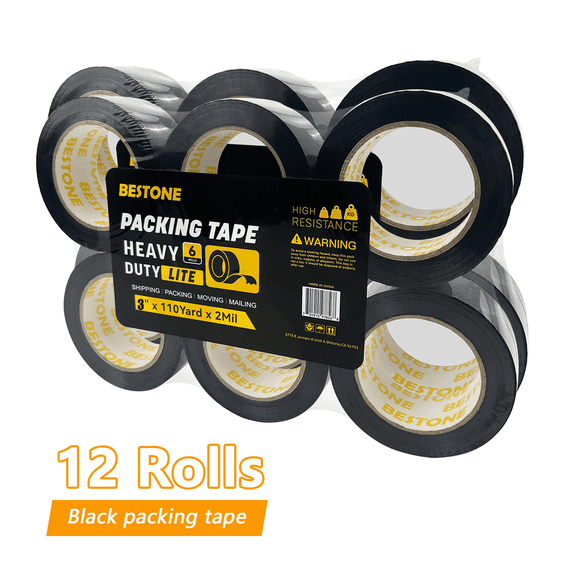 BESTONE Packing Tape Black, 110 Yds x 3" x 2 Mil Heavy Duty Shipping Moving PackagingTape- 12 Rolls