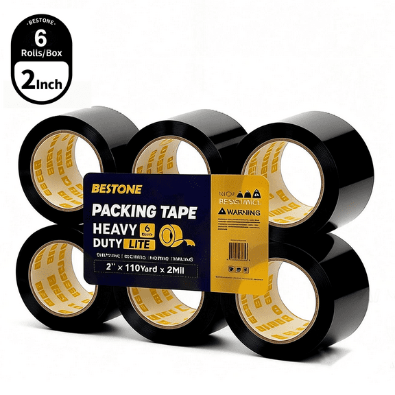 BESTONE Packing Tape Black Heavy Duty Shipping Moving - 6 Pack, 110 Yds x 2" x 2 Mil