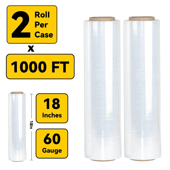 BESTONE Stretch Wrap, 18 inch x 1000ft Plastic Wrap, 60 Gauge Thickness Industrial Strength Shrink Film for Pallet Wrapping, Shipping & Moving Supplies-2 Rollls