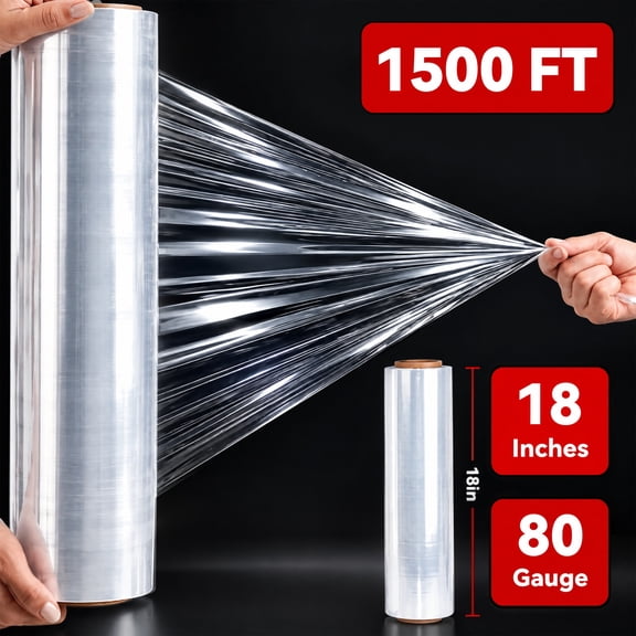 Stretch Wrap, 18" x 1500 Ft, 80 Ga, 7 Layer Clear Plastic Wrap, Heavy Duty Shrink Film for Moving, Palletizing, Packing, Furniture Protection, 1 Roll