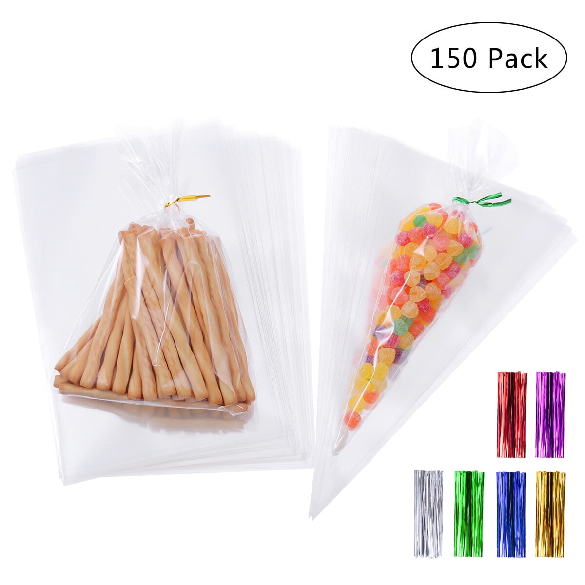 BESTONZON 150 Pcs Clear Treat Bags with 160 Pcs Metallic Ties Party Favor Candy Bags for Cookies Candies Chocolates Dessert