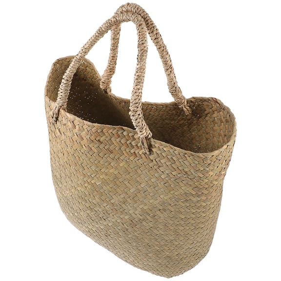 BESTONZON 1Pc Decorative Khaki Straw Basket with Handle for Indoor Plant and Storage