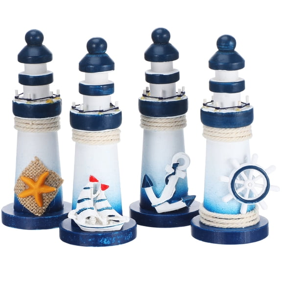 BESTONZON 4Pcs Blue Wooden Lighthouse Decor Mediterranean Style Desktop Ornament for Home Office