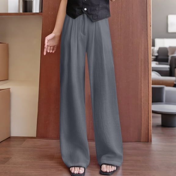 AUNVITO High Waist Wide Leg Pants for Women with Button Zipper Straight Cut Draped Polyester Trousers Casual Modern