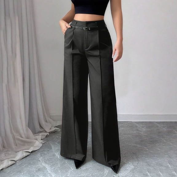 AUNVITO Women's High Waist Wide Leg Straight Trousers with Pockets & Belt, Casual Polyester Office Pants