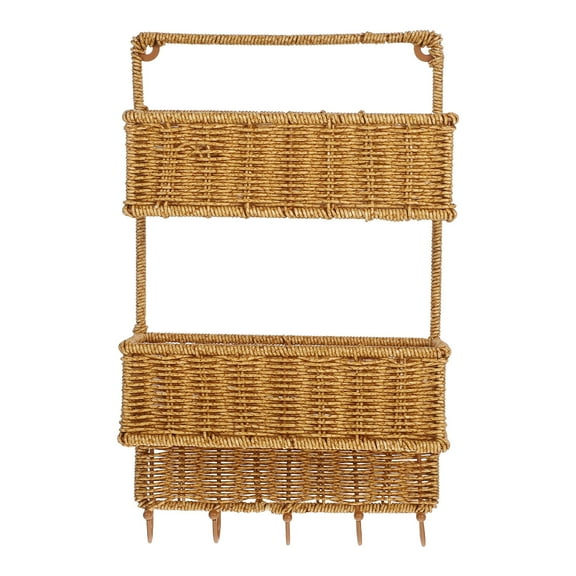 BESTONZON Woven Hanging Storage Basket Wall Mount Light Brown Plastic Rattan 1 Set