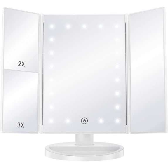 BESTOPE Makeup Mirror with Lights 21 LED Vanity Mirror with 1X/2X/3X Magnification,Touch Control Design,180 Degree Rotation,Portable Cosmetic Trifold Light Up Mirror, White