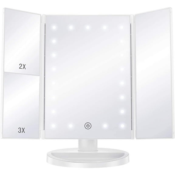 BESTOPE Makeup Mirror with Lights 21 LED Vanity Mirror with 1X/2X/3X Magnification,Touch Control Design,180 Degree Rotation,Portable Cosmetic Trifold Light Up Mirror, White