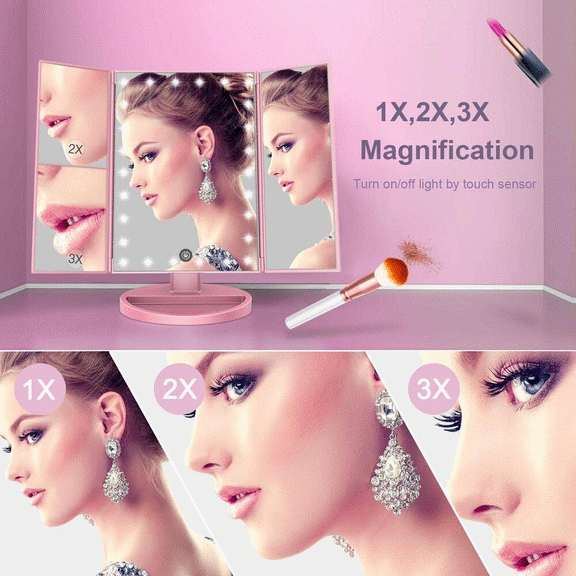 BESTOPE Trifold Makeup Vanity Mirror with Lights, 1X/2X/3X Magnification, 21 Led Lighted Mirror with Touch Screen Power,180 Adjustable Rotation,Dual Power Supply,Portable Trifold Mirror
