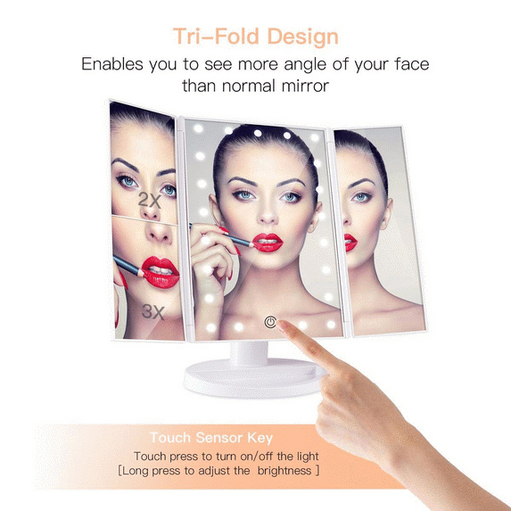 BESTOPE Trifold Makeup Vanity Mirror with Lights, 1X/2X/3X Magnification, 21 Led Lighted Mirror with Touch Screen Power,180° Adjustable Rotation,Dual Power Supply,Portable Trifold Mirror