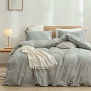BESTOUCH Duvet Cover Set 100% Washed Cotton Linen Feel Comfortable Lightweight 2 Pcs Solid Light Grey Twin