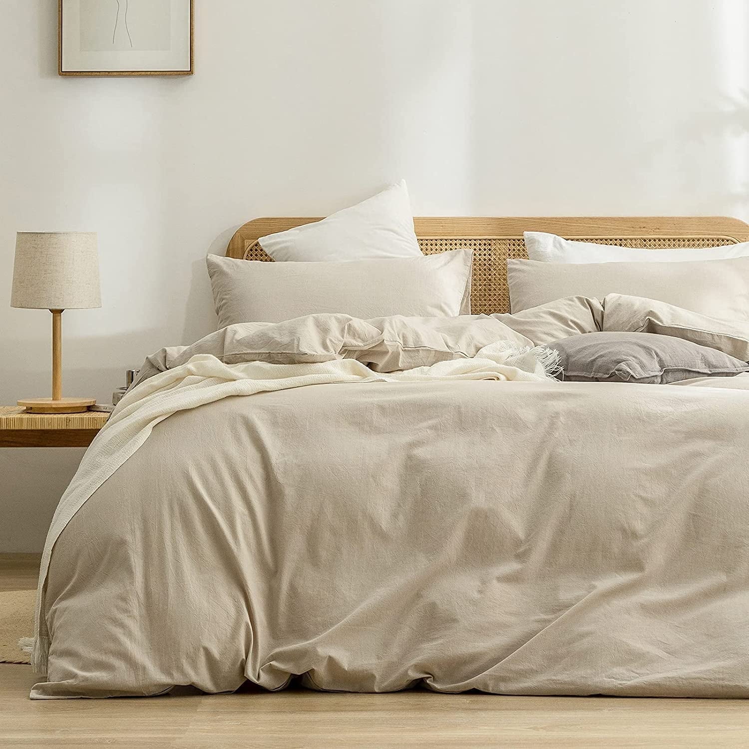 BESTOUCH Duvet Cover Set 100% Washed Cotton Linen Feel Super Soft Comfortable Chic Lightweight 3 Pcs Home Bedding Set Almond Milk Grey King