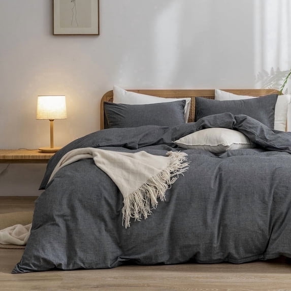 BESTOUCH Duvet Cover Set Queen 100% Washed Cotton Linen Feel Soft Chic Lightweight 3Pcs (Dark Black, 90"x90")
