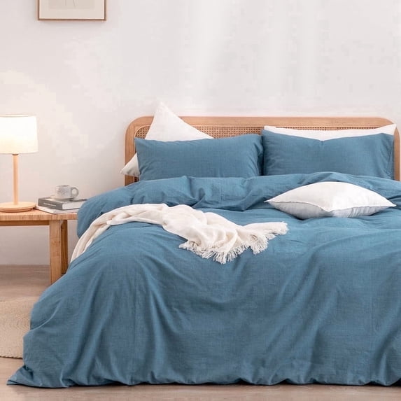 BESTOUCH Duvet Cover Set Full 100% Washed Cotton Linen Feel Soft Chic Lightweight 3Pcs (Dark Blue, 80"x90")