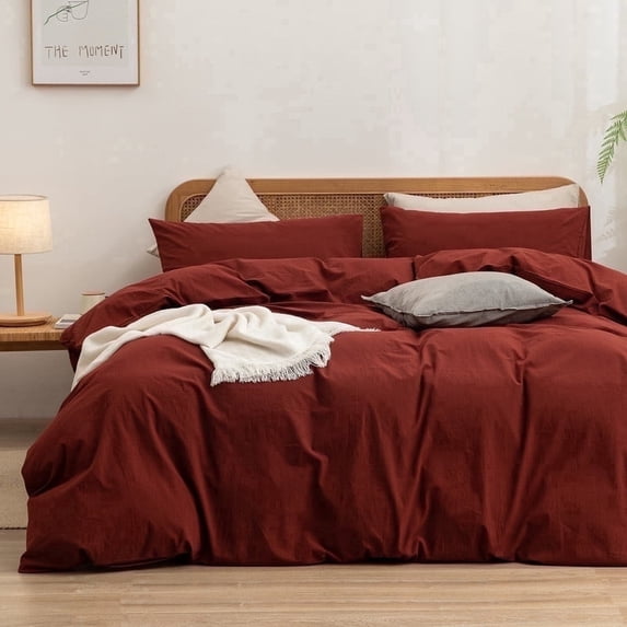 BESTOUCH Duvet Cover Set Oversized King 100% Washed Cotton Linen Feel Soft Chic Lightweight 3Pcs (Fired Brick Red, 120"x98")