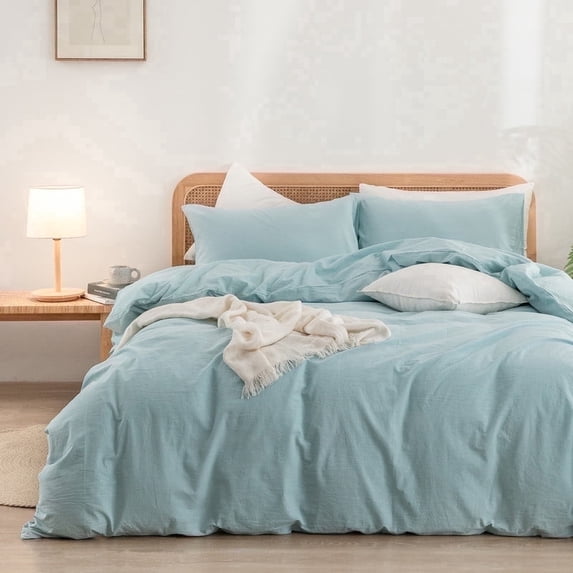 BESTOUCH Duvet Cover Set King 100% Washed Cotton Linen Feel Soft Chic Lightweight 3Pcs (Hushed Green, 104"x90")