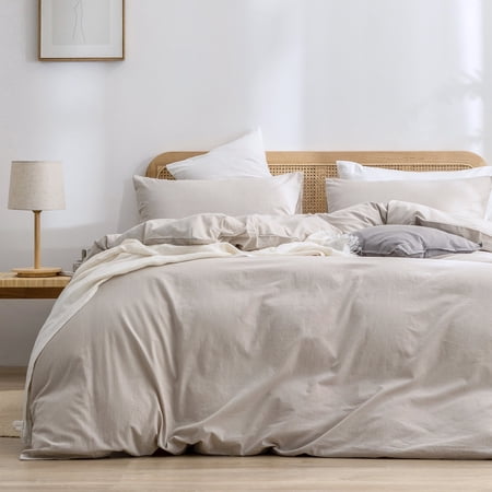 BESTOUCH Duvet Cover Set Twin 100% Washed Cotton Linen Feel Comfortable Soft Lightweight 3 Pcs (Linen Grey,68" x 90")