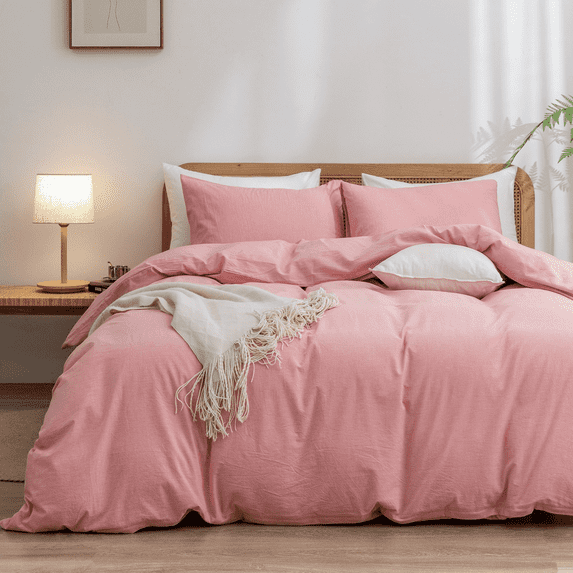 BESTOUCH Duvet Cover Set Queen 100% Washed Cotton Linen Feel Soft Chic Lightweight 3Pcs (Red Pink, 90"x90")