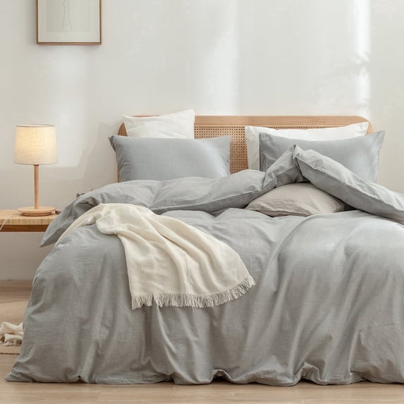 BESTOUCH Duvet Cover Set Queen Size 100% Washed Cotton Linen Feel Comfortable Soft Lightweight 3 Pcs Solid Light Grey