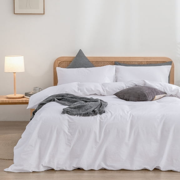BESTOUCH Duvet Cover Set Twin 100% Washed Cotton Linen Feel Soft Chic Lightweight 2Pcs (Bright White, 68"x90")
