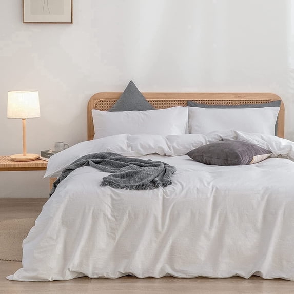BESTOUCH Duvet Cover Set Full 100% Washed Cotton Linen Feel Soft Chic Lightweight 3Pcs (Bright White, 80"x90")