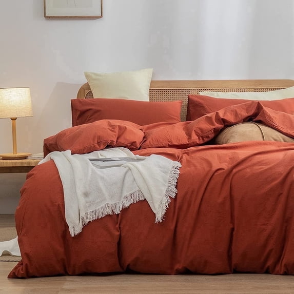 BESTOUCH Duvet Cover Set Full 100% Washed Cotton Linen Feel Soft Chic Lightweight 3Pcs (Burnt Brick Red, 80"x90")