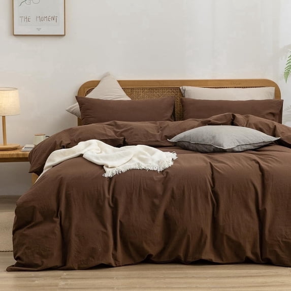 BESTOUCH Duvet Cover Set Queen 100% Washed Cotton Linen Feel Soft Chic Lightweight 3Pcs (Cocoa Brown, 90"x90")