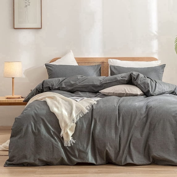 BESTOUCH Duvet Cover Set King 100% Washed Cotton Linen Feel Soft Chic Lightweight 3Pcs (Dark Grey, 104"x90")