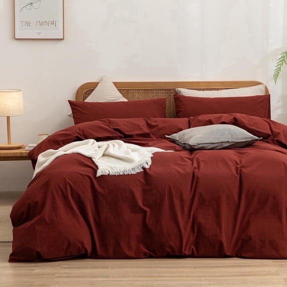 BESTOUCH Duvet Cover Set Cal King 100% Washed Cotton Linen Feel Soft Chic Lightweight 3Pcs (Fired Brick Red, 104"x98")