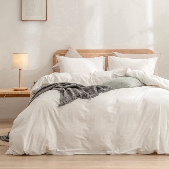 BESTOUCH Duvet Cover Set King 100% Washed Cotton Linen Feel Soft Chic Lightweight 3Pcs (Off White, 104"x90")