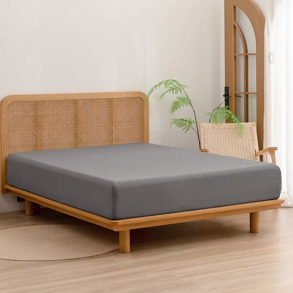 BESTOUCH Fitted Sheet Only 100% Washed Cotton Linen Feel Easily Fits Deep Pockets up to 17 inch Solid Dark Grey King