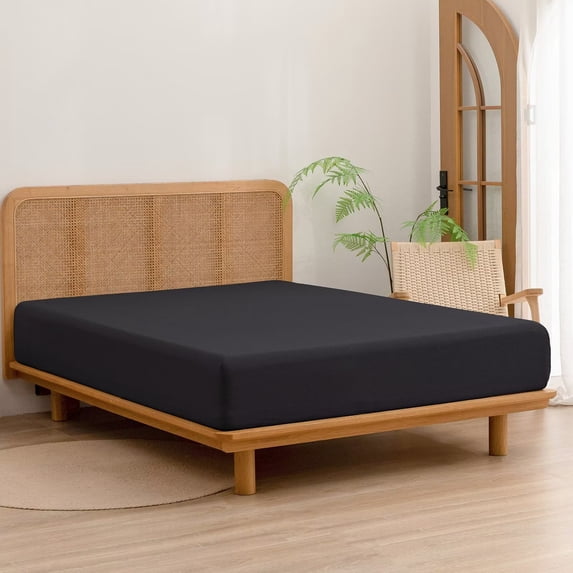 BESTOUCH Fitted Sheet Only 100% Washed Cotton Linen Feel Easily Fits Deep Pockets up to 17 inch Solid Deep Black Queen