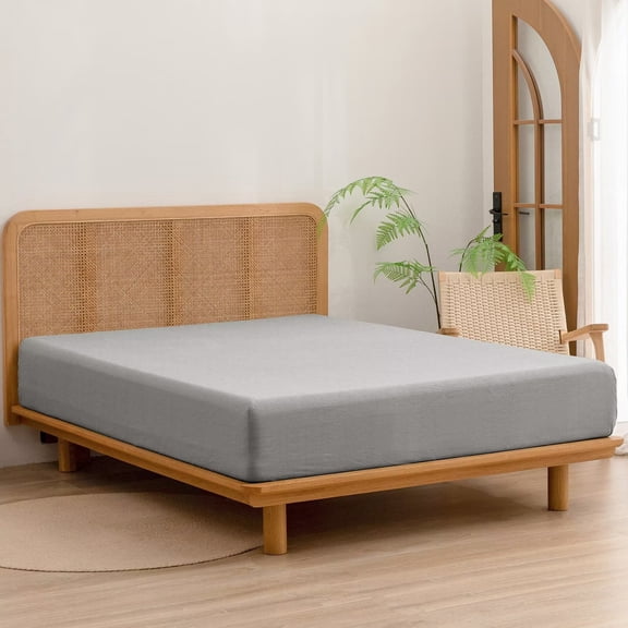 BESTOUCH Fitted Sheet Only 100% Washed Cotton Linen Feel Easily Fits Deep Pockets up to 17 inch Solid Light Grey Queen