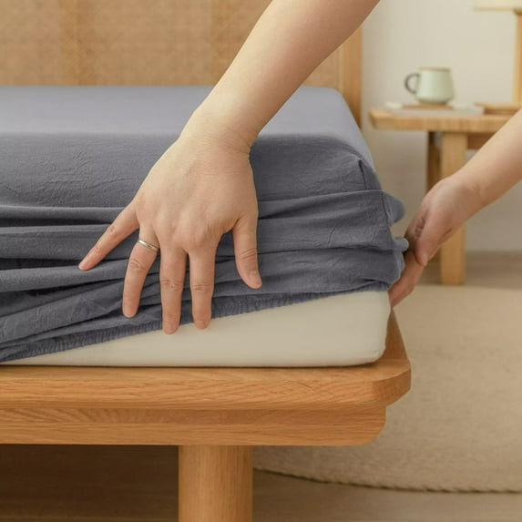 BESTOUCH Fitted Sheet Only 100% Washed Cotton Linen Feel Easily Fits Deep Pockets up to 17 inch Solid Quiet Shade Grey Queen