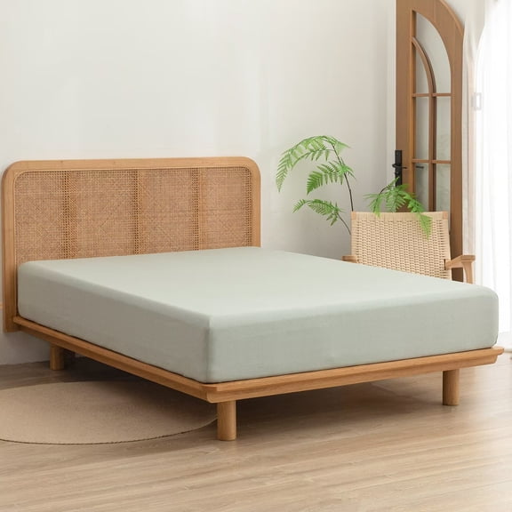 BESTOUCH Fitted Sheet Only 100% Washed Cotton Linen Feel Easily Fits Deep Pockets up to 17 inch Solid Sage Green King